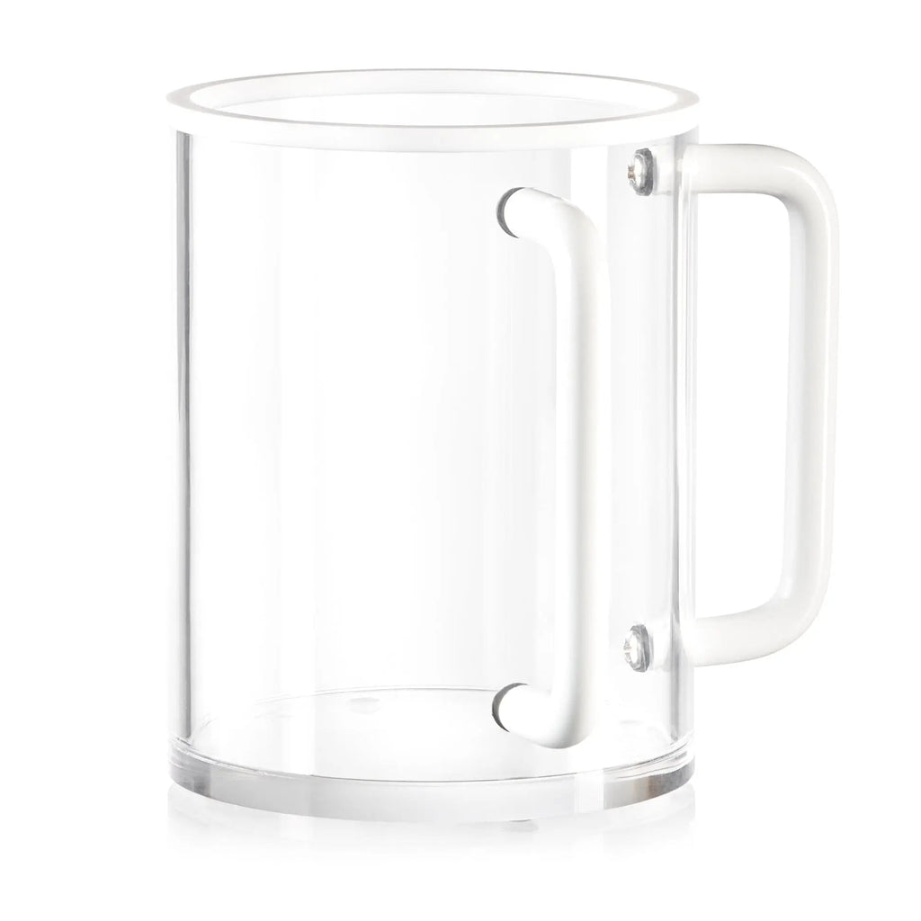 White acrylic Edge Washing Cup with handle and metal accents for bathroom or Pesach use