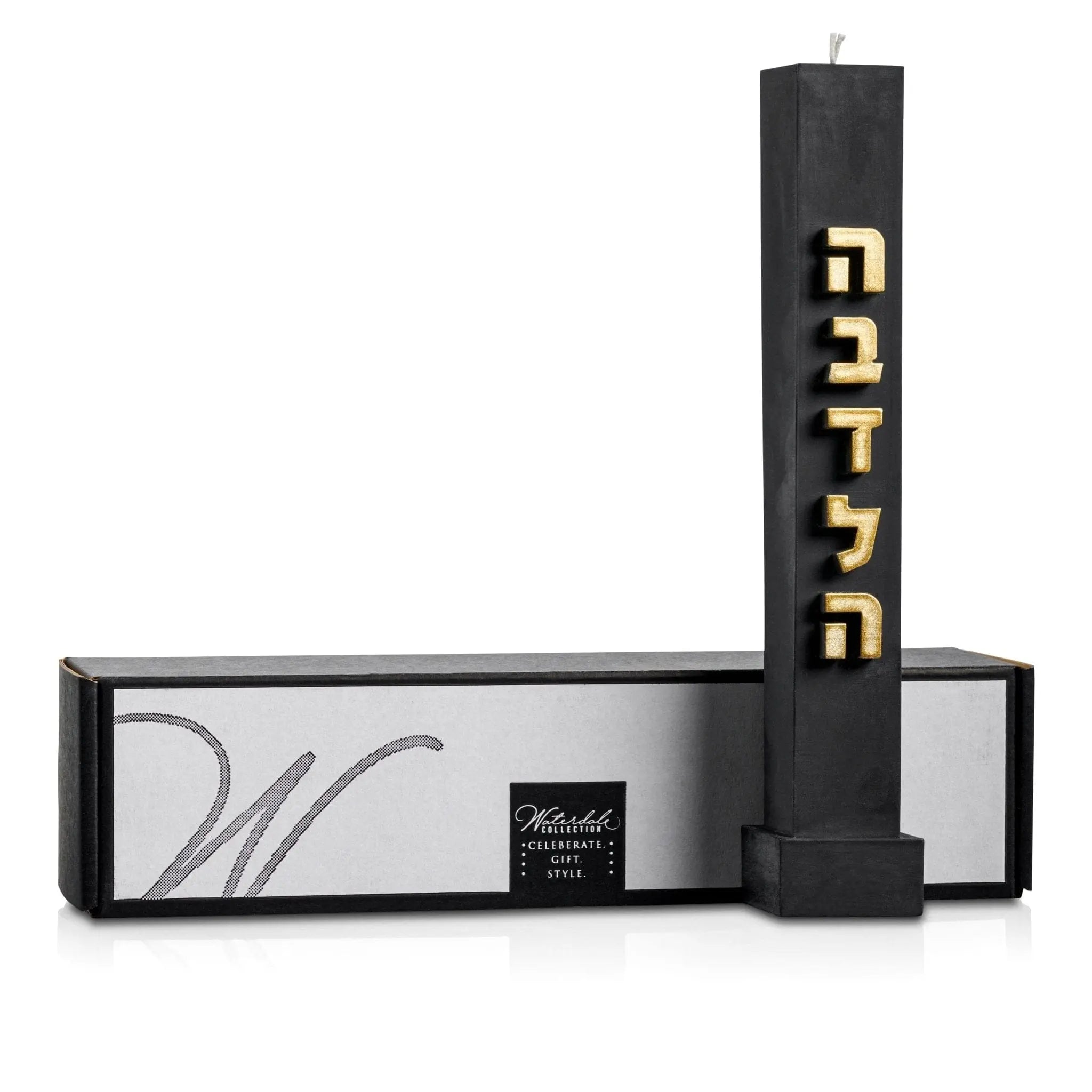 Black embossed Havdalah candle with braided design and matching holder on white background, ready for Shabbat ceremony.