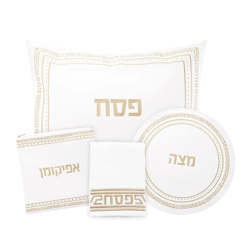Geometric Crystal Stone Pesach Set with beige leather placemats and round serving plate featuring geometric border designs.
