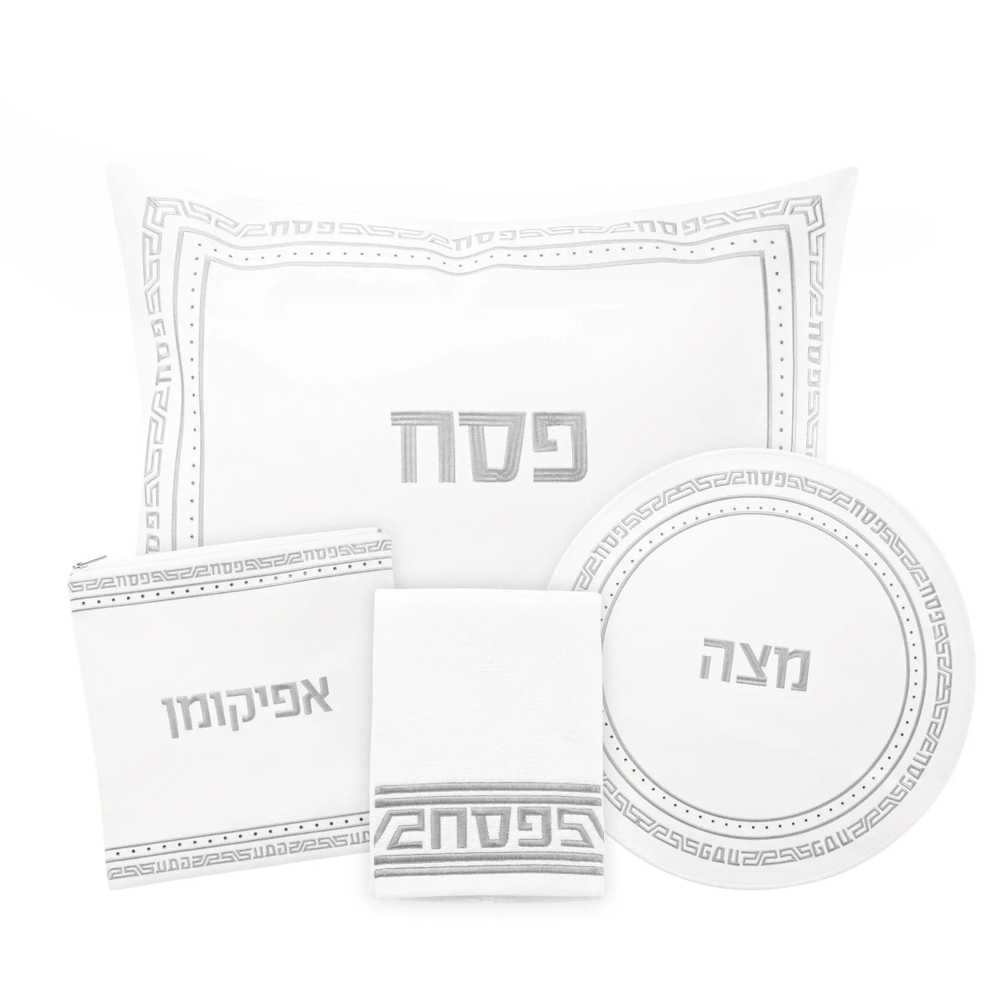 Geometric Crystal Stone Pesach Set with leather components and decorative circular and rectangular trays in neutral tones.