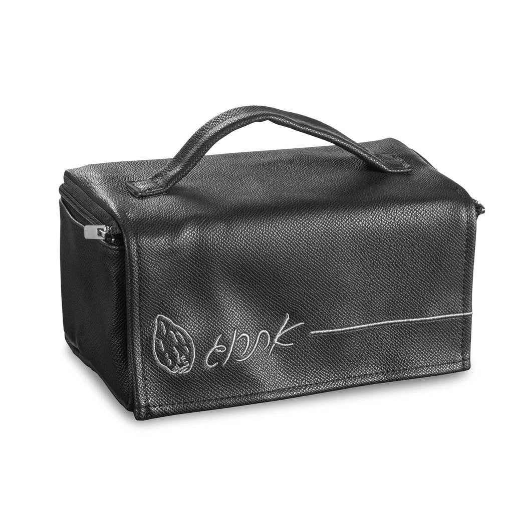 Black leather Esrog bag with embroidered design and carrying handle, perfect for Sukkot holiday storage and transport