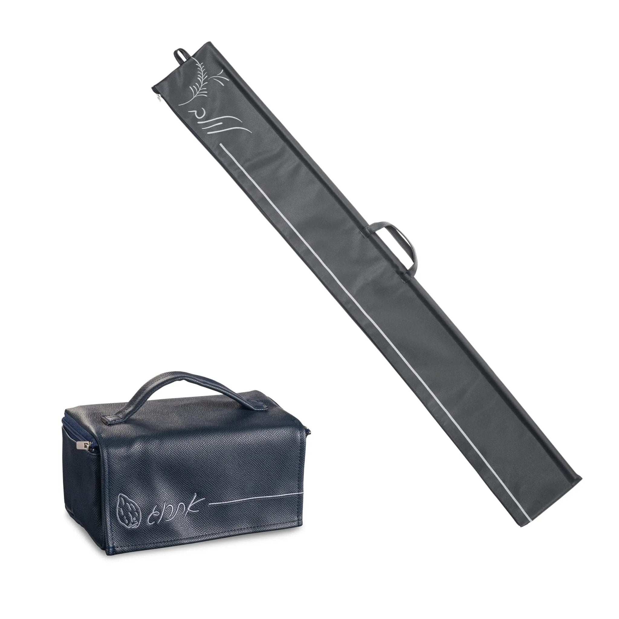 Embroidered leather lulav case in charcoal gray with carrying handle and matching storage bag for Sukkot holiday.