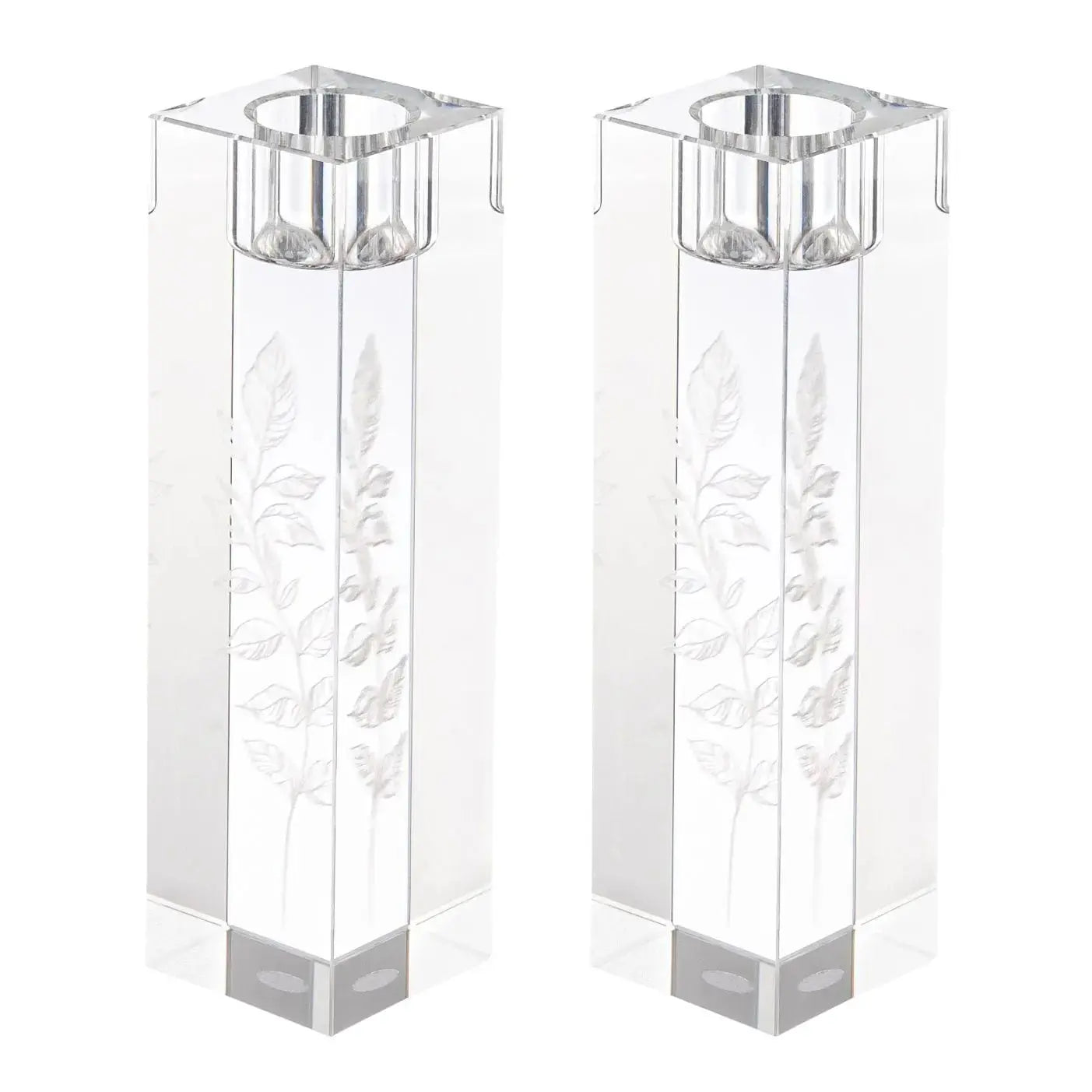 Pair of tall square crystal candlesticks with delicate floral engravings and silver-tone metal tops for Shabbat candle lighting.