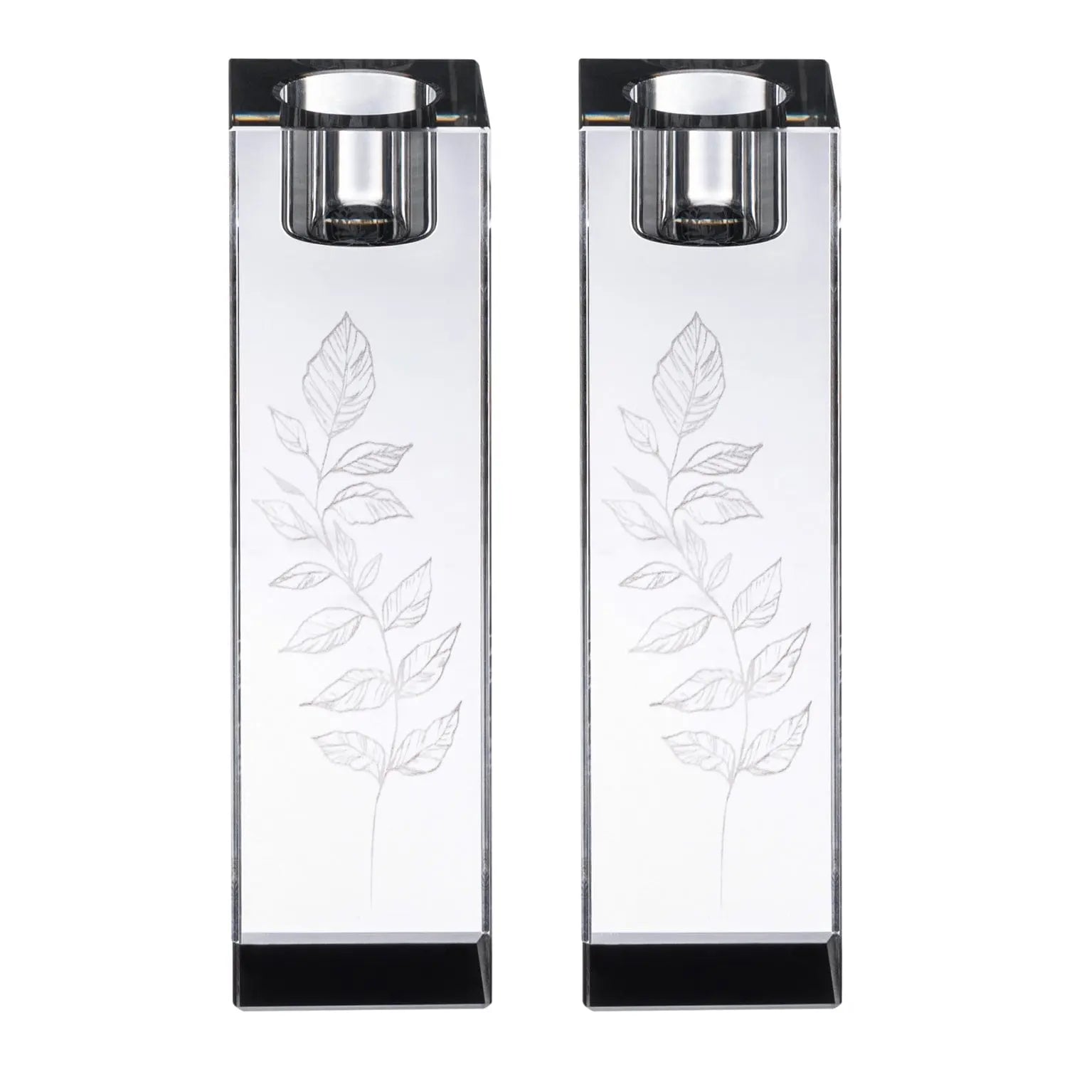Pair of tall crystal candlesticks with delicate leaf engravings and black bases for Shabbat candle lighting.