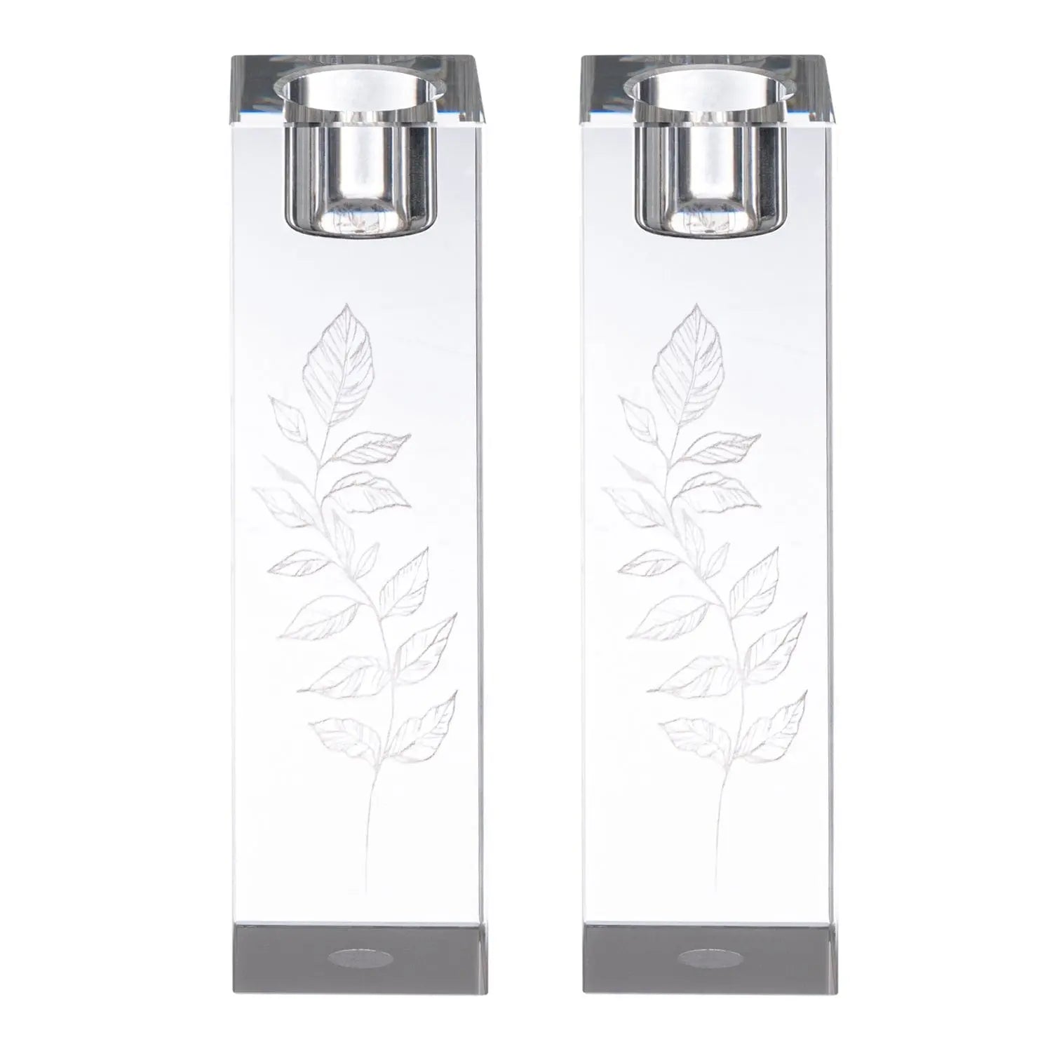 Pair of engraved crystal candlesticks with leaf design and silver-tone metal holders for Shabbat candle lighting.