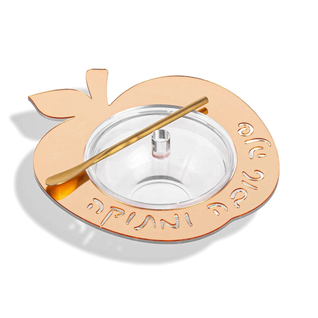 Waterdale Collection floating apple honey dish in gold and white ceramic with dipper spoon for Rosh Hashanah.