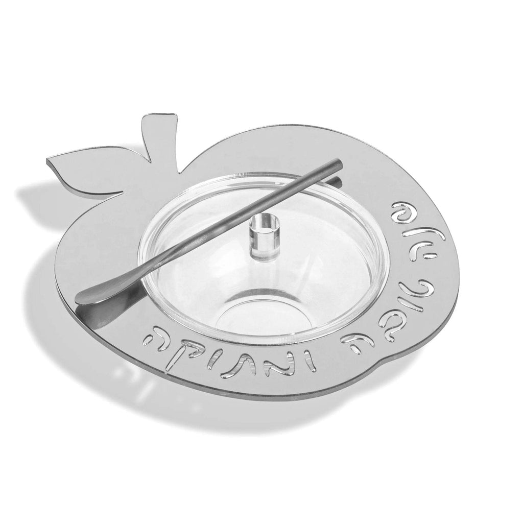 Silver floating apple honey dish with dipper from Waterdale Collection, featuring elegant design for holiday table settings and Jewish ceremonies.