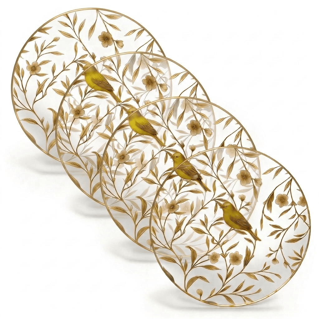 Floral bird charger plates with gold botanical design – Waterdale Collection