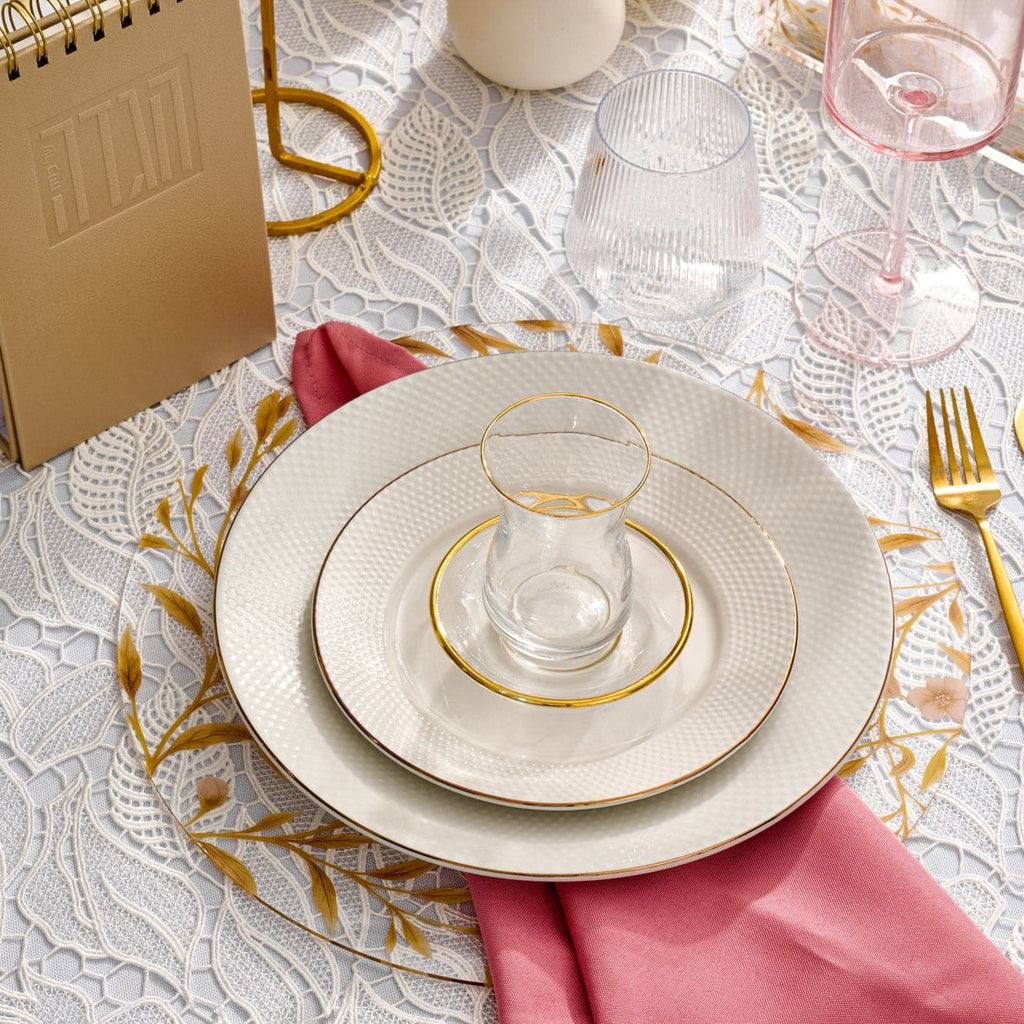 Floral Bird glass charger plate with an intricate cherry blossom design and gold-rimmed edge for elegant table settings.