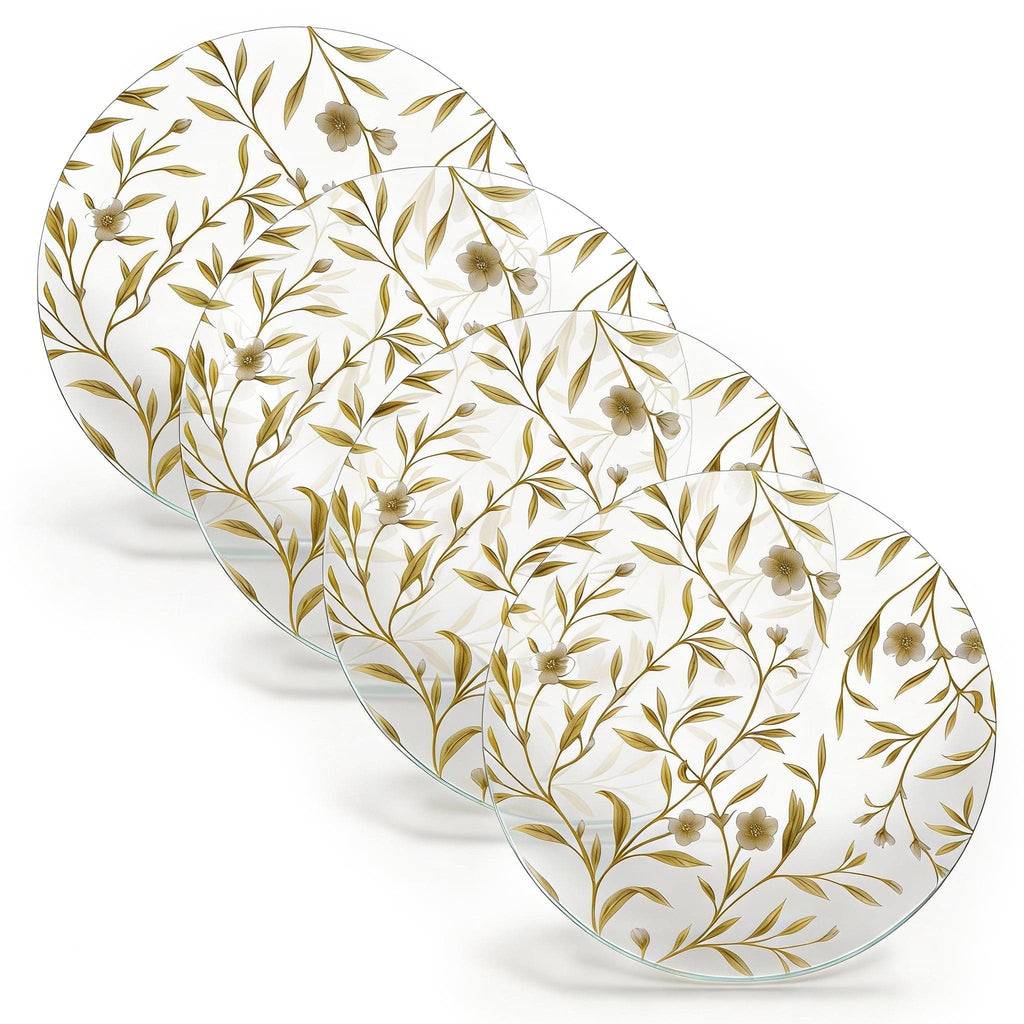 Floral Bird Chargers featuring an artistic  floral vine pattern and a sophisticated gold border, modern Judaica hosting accessory.