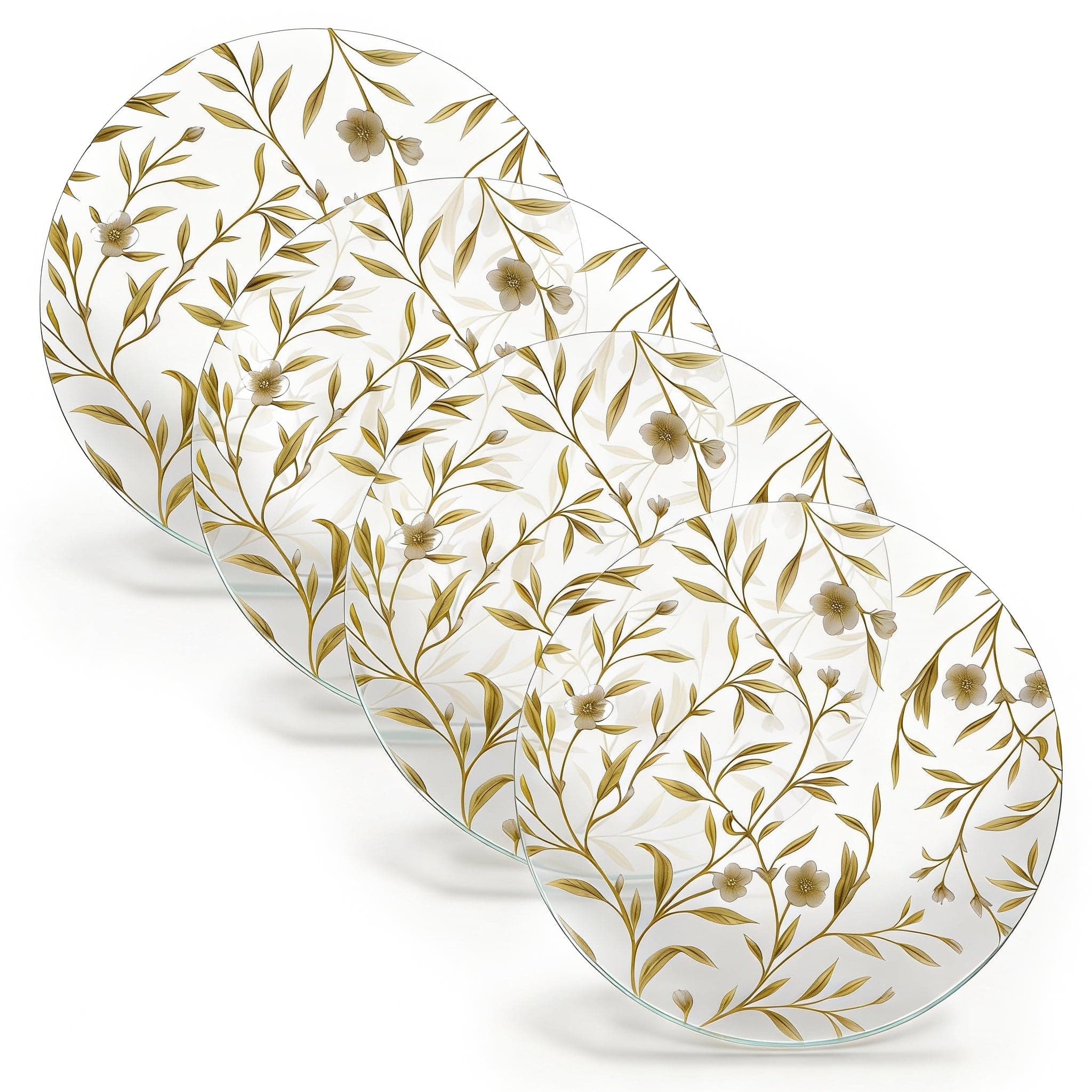 Floral Bird Chargers featuring an artistic  floral vine pattern and a sophisticated gold border, modern Judaica hosting accessory.