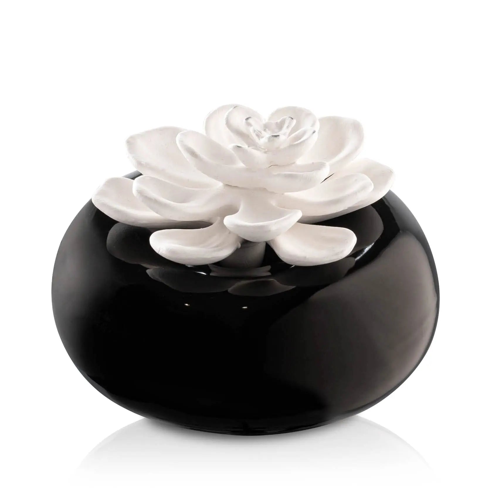 Black ceramic floral bowl scent diffuser by Waterdale Collection with white rose design, perfect for home fragrance and decor gifting.