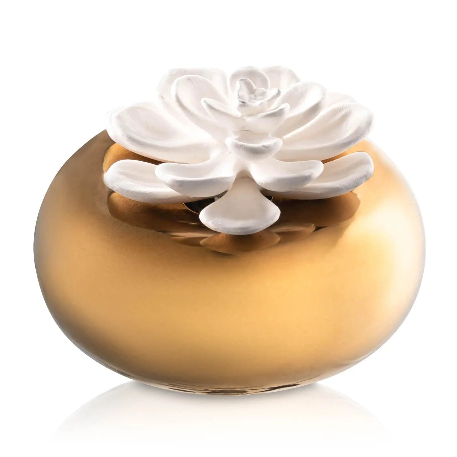 Waterdale Collection gold bowl diffuser topped with white ceramic flower petals, scent disperser for home fragrance