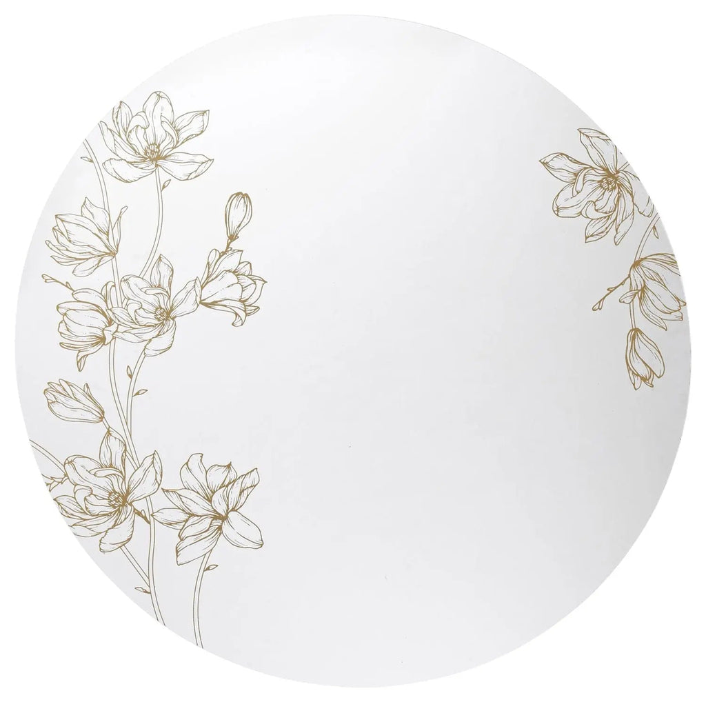 White round charger plate with delicate gold floral line drawings around the border, from Waterdale Collection's Floral Chargers collection.
