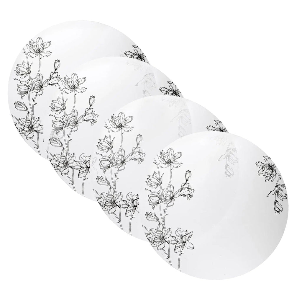 Floral charger plate with delicate botanical pattern and silver border, ideal for holiday table settings and Passover dining.