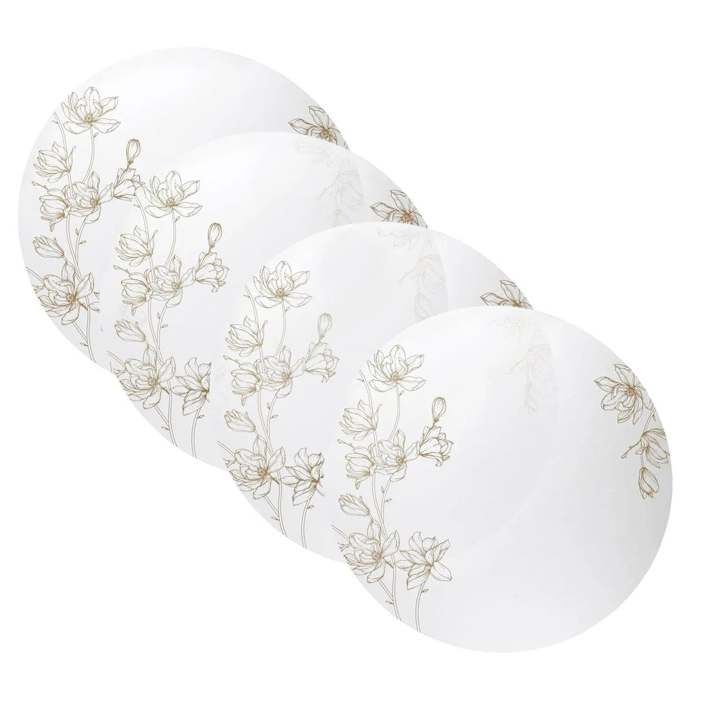 Set of four white floral charger plates with delicate silver botanical design from Waterdale Collection, elegant tabletop dinnerware.