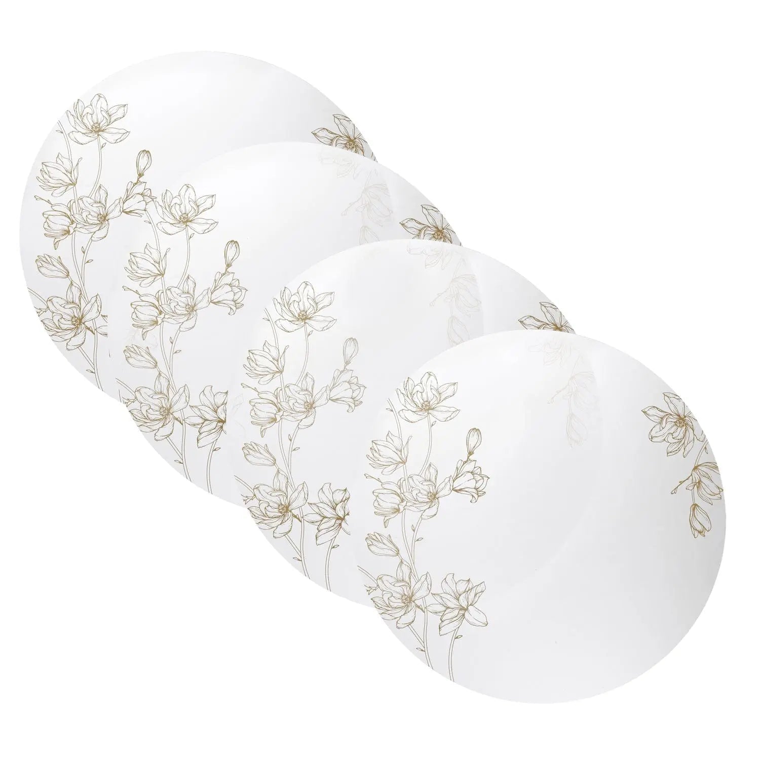Set of four white floral charger plates with delicate silver botanical design from Waterdale Collection, elegant tabletop dinnerware.