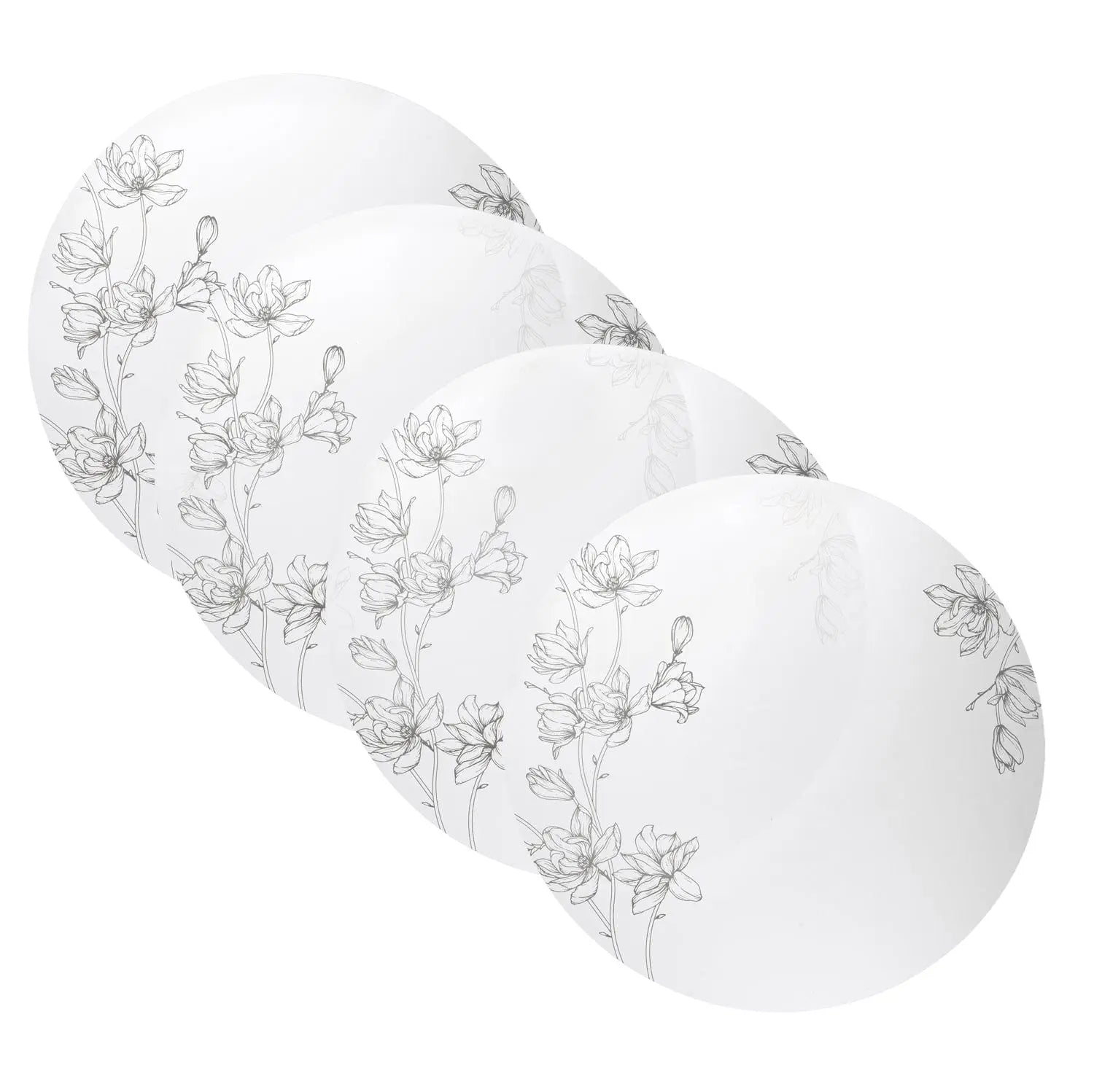 Floral Chargers with delicate silver-bordered botanical design on white porcelain dinnerware from Waterdale Collection