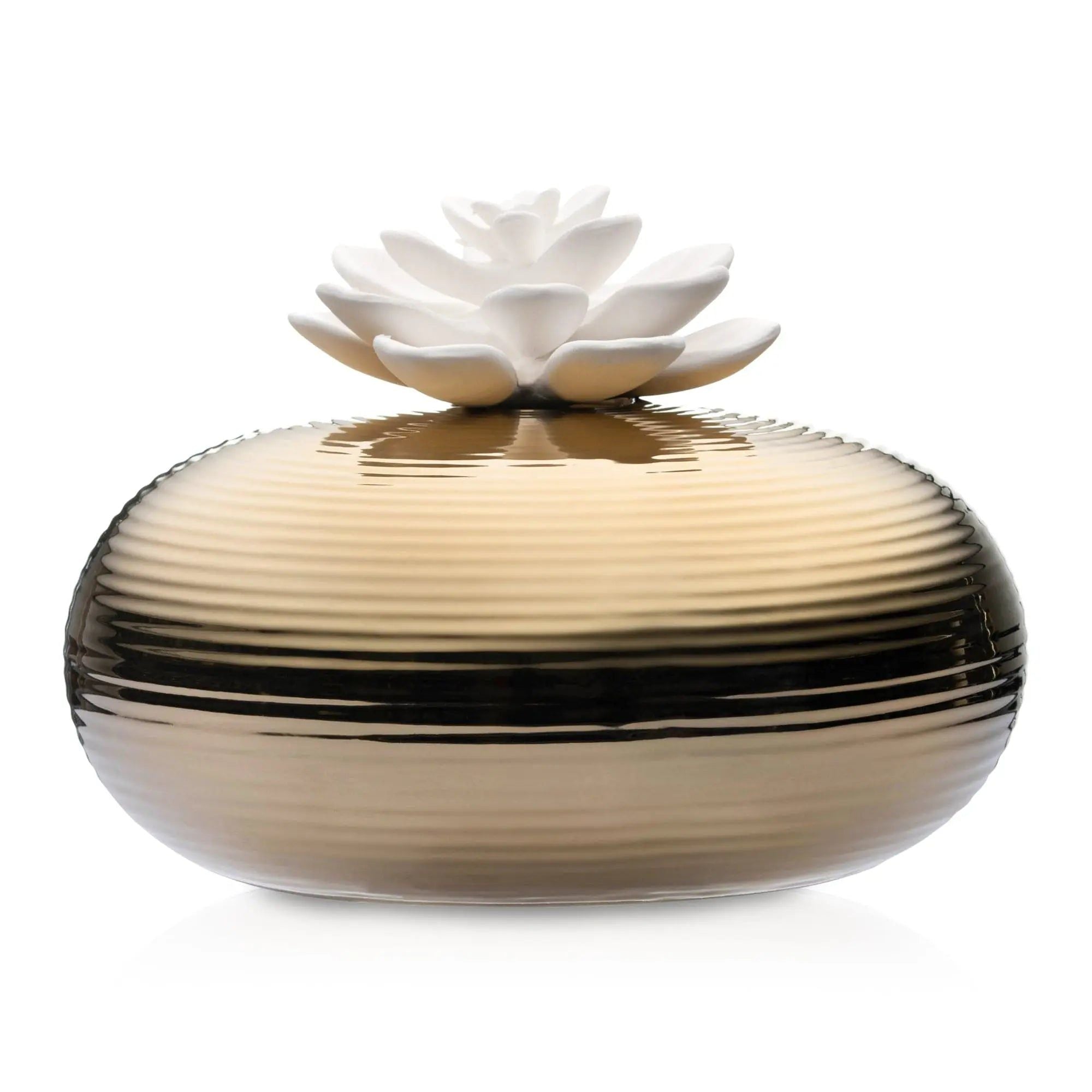 Fluted Scent Diffuser with gold ribbed base and cream ceramic lotus flower finial by Waterdale Collection