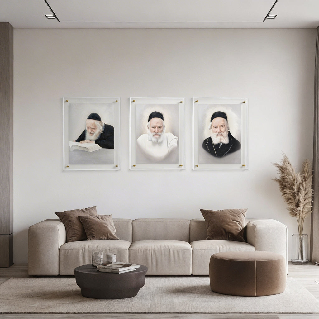 Modern lucite-framed portrait of the Chofetz Chaim featuring a light-toned artistic sketch with modern gold mounting hardware.