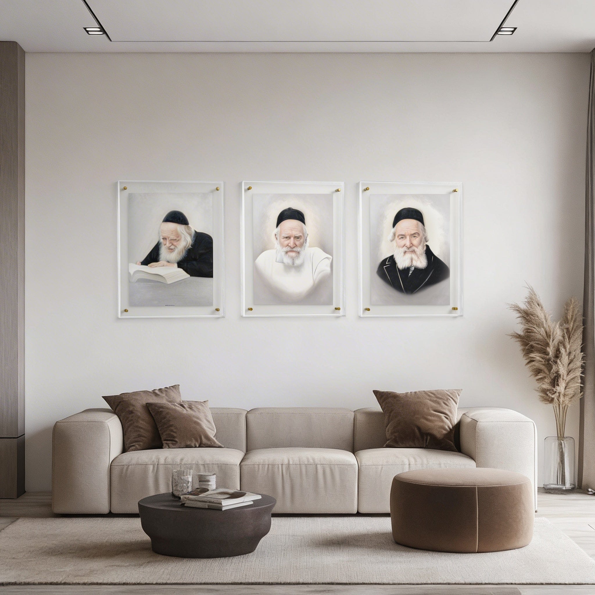 Modern lucite-framed portrait of the Chofetz Chaim featuring a light-toned artistic sketch with modern gold mounting hardware.