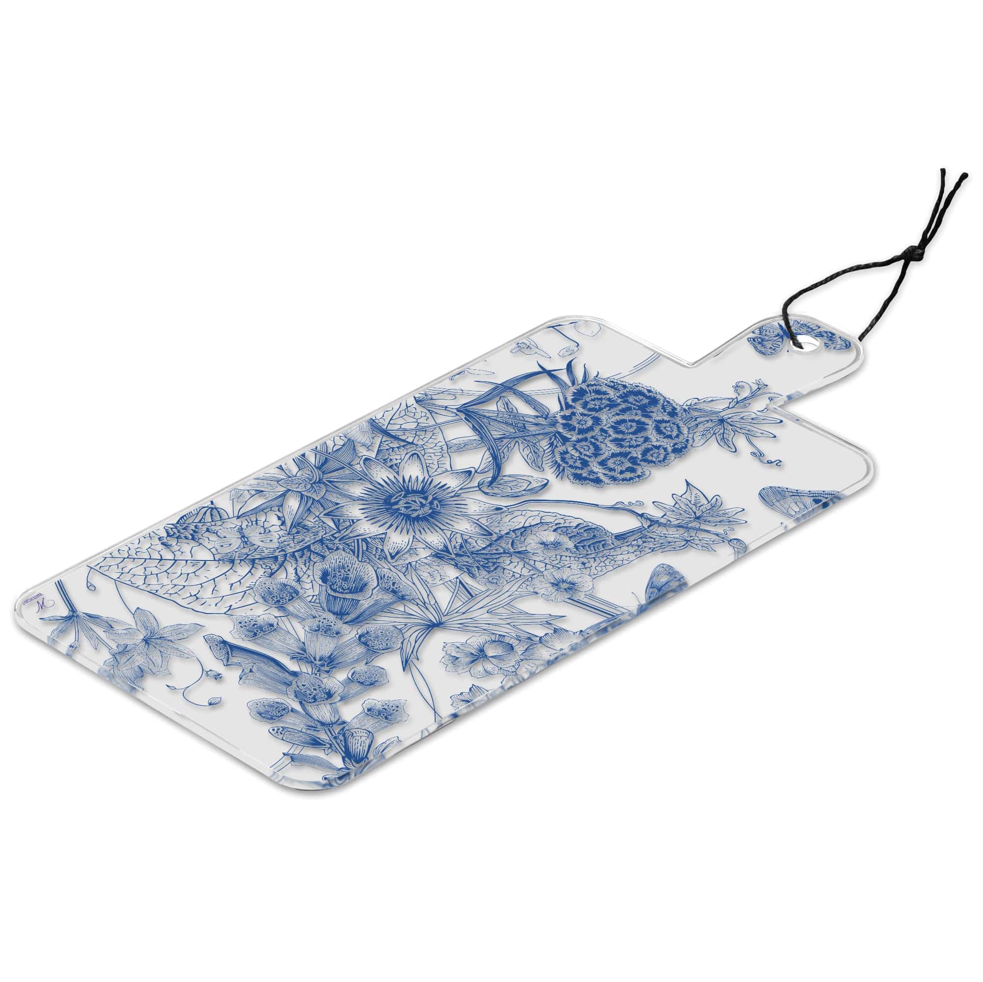 French Toile Charcuterie Board in blue and white porcelain with decorative handles, perfect for serving and entertaining.
