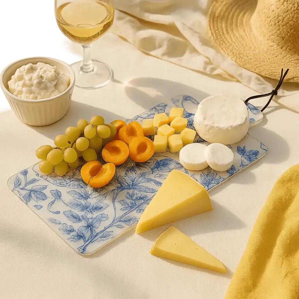 French Toile Charcuterie Board in blue and white ceramic with cheese, grapes, and crackers arranged on top, styled with yellow linens and woven placemats.
