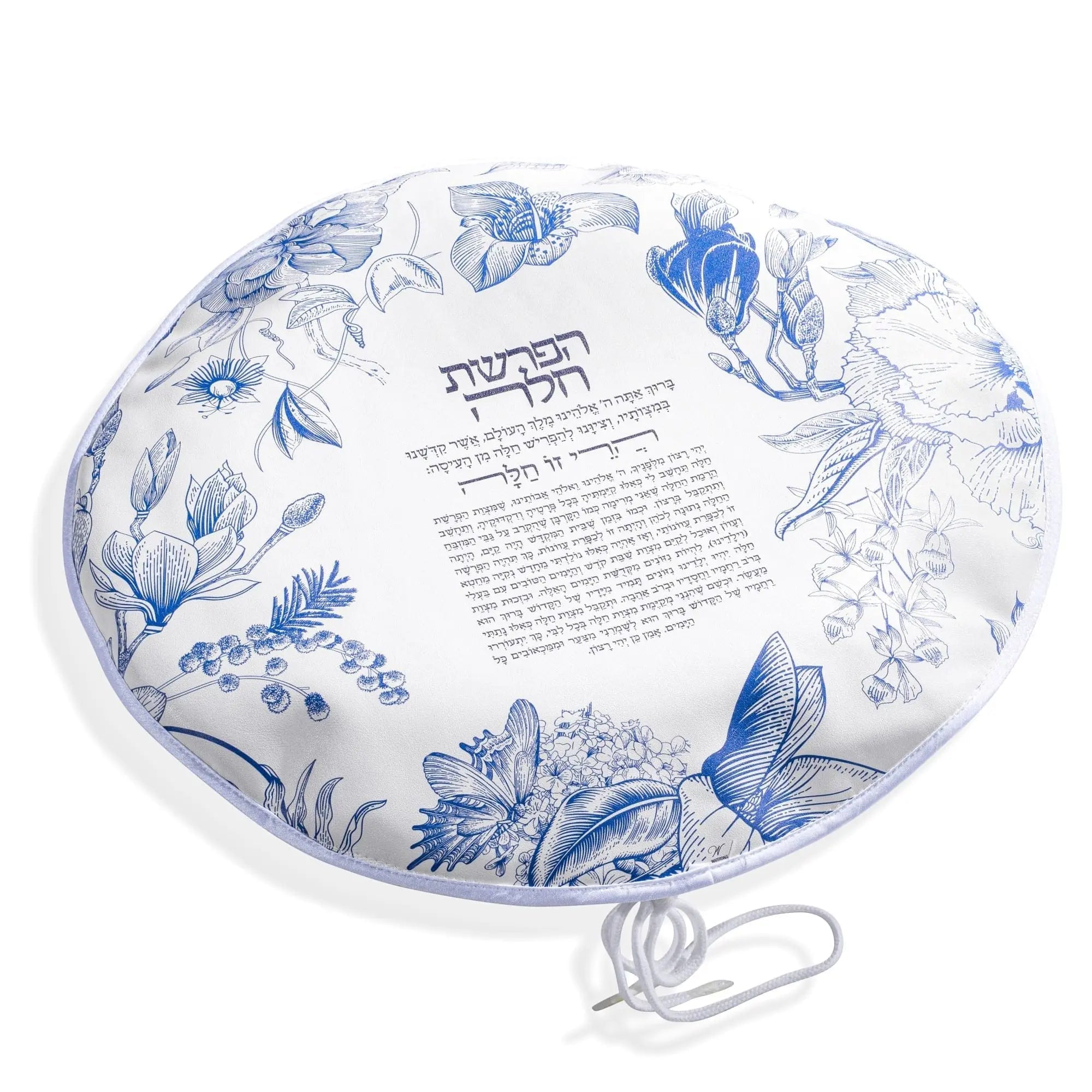 French Toile Hafrashas Challah Cover in blue and white leather with floral botanical print design for Shabbat table