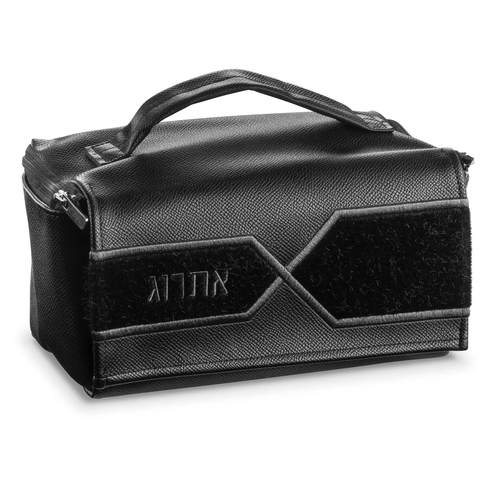 Gray and black leather Esrog bag with handle from Waterdale Collection for Sukkot holiday storage