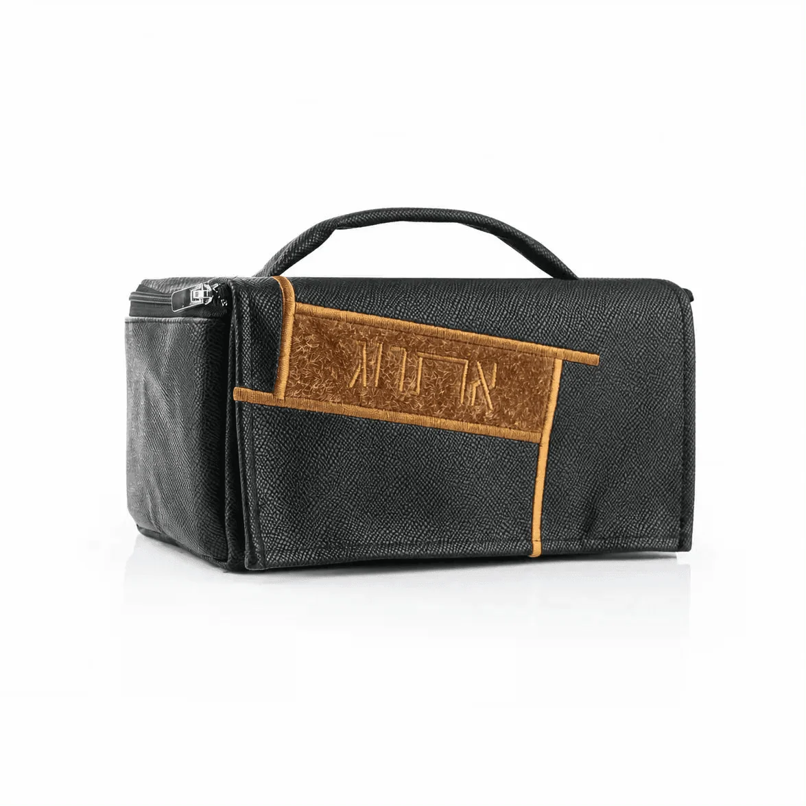 Black leather etrog bag from Waterdale Collection with tan fur panel and embossed Hebrew lettering.