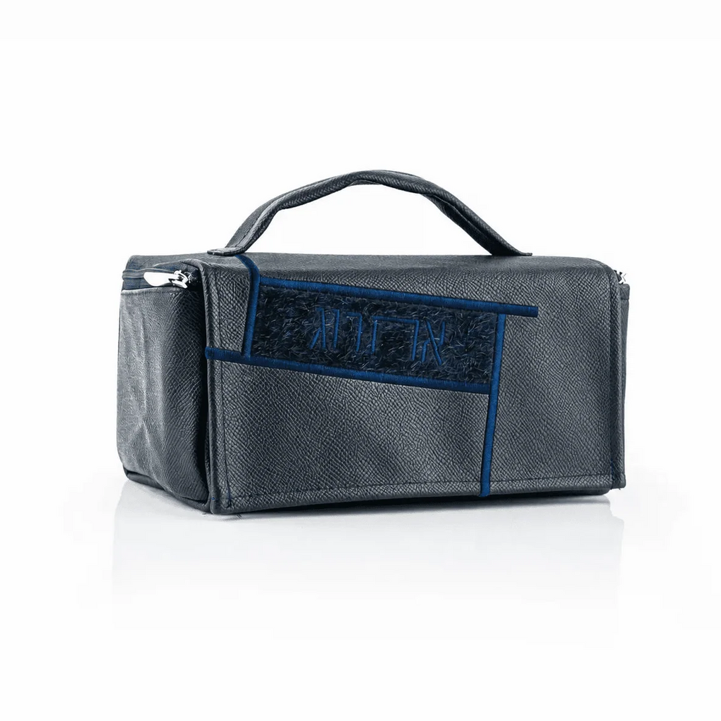 Navy Sukkot etrog case in textured vegan leather with navy fur panel, top handle and zipper.