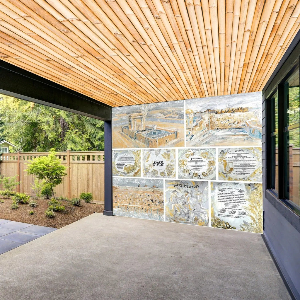 Gold Collage Vinyl Sukkah Mural decorating a sukkah wall with geometric patterns, creating festive Sukkot ambiance in an outdoor covered space.