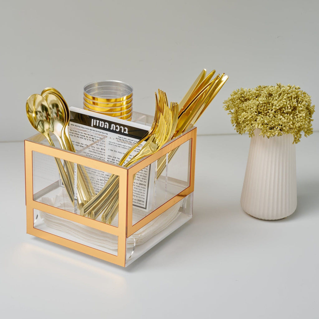 Elegant Al Hamichyah blessing card for silverware caddy, printed in Hebrew with a classic black and white bordered design in a utensil caddy, 3-compartment organizer, Cutlery storage.