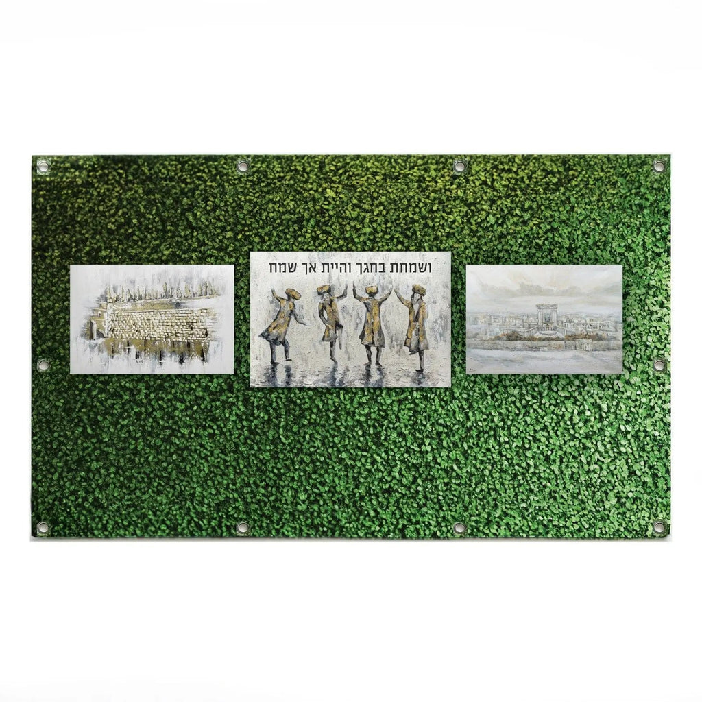 Painted by Batya greenery vinyl mural displaying three botanical and figure illustrations on artificial grass background for Sukkah decoration.