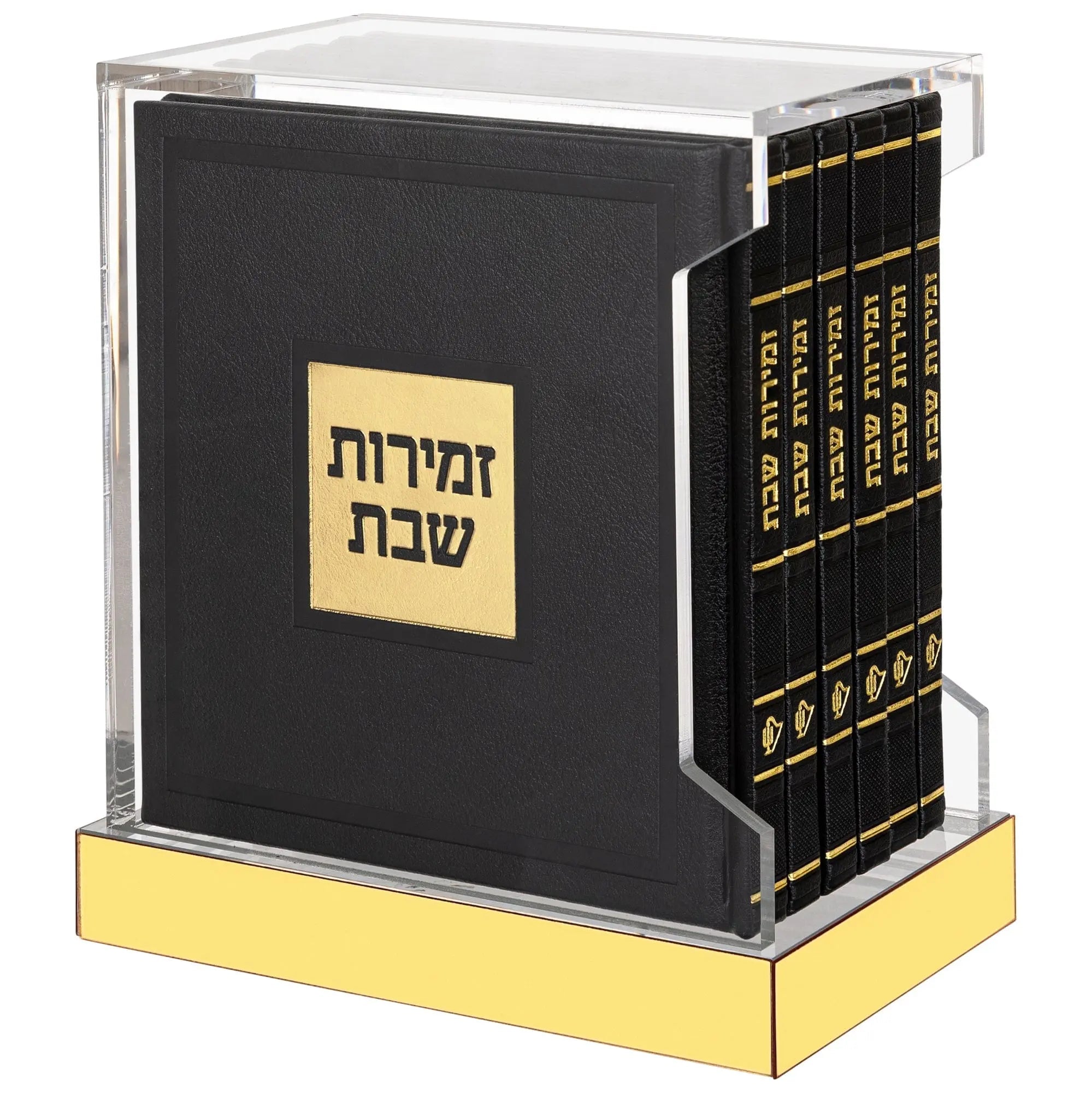 Black leather hardcover bencher set with gold accents and lucite display case, Waterdale Collection Shabbat prayer book holder