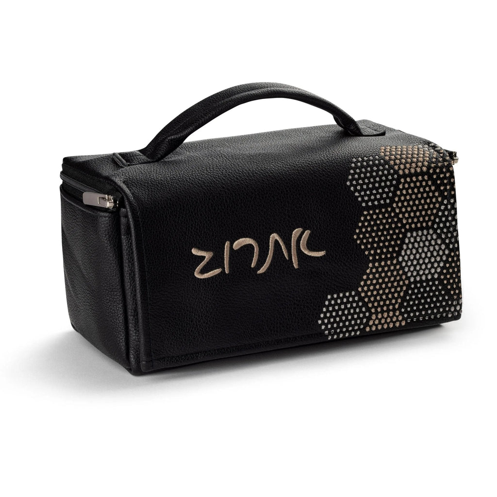 Black leather esrog bag with hexagon dot border pattern and top handle, designed for Sukkot holiday storage and transport.