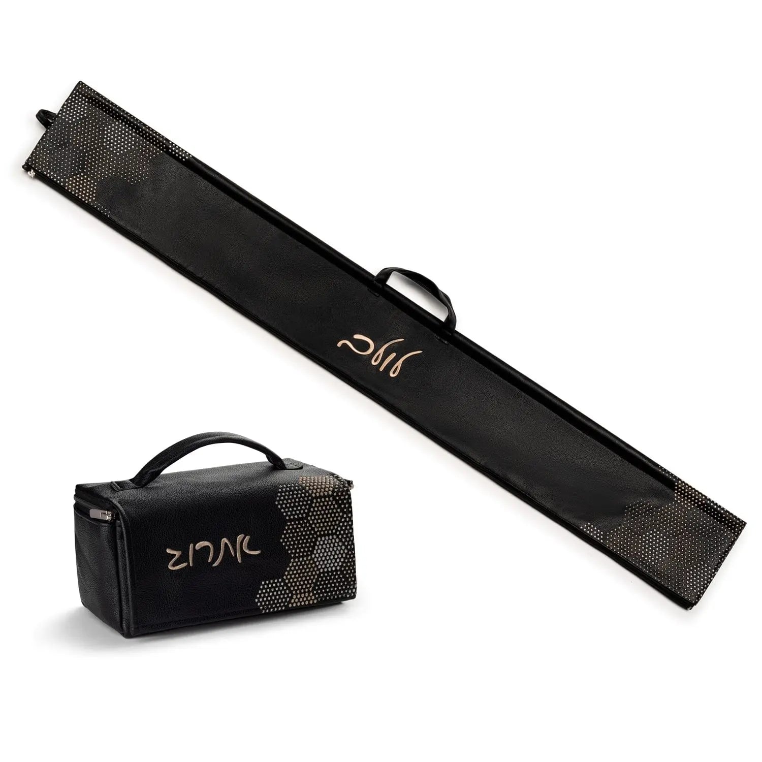 Black leather esrog bag with hexagon dot border design, includes carrying case and protective tube for Sukkot holiday storage.