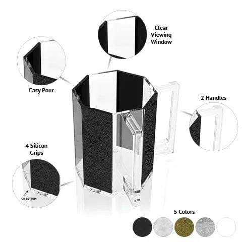 Hexagon washing cup in black glitter with clear panel and handles, shown with color variants in silver glitter, gold glitter, and marble finishes.