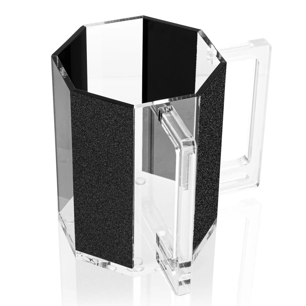 Black glitter hexagon washing cup with clear acrylic panels and white interior, shown from front angle display view.