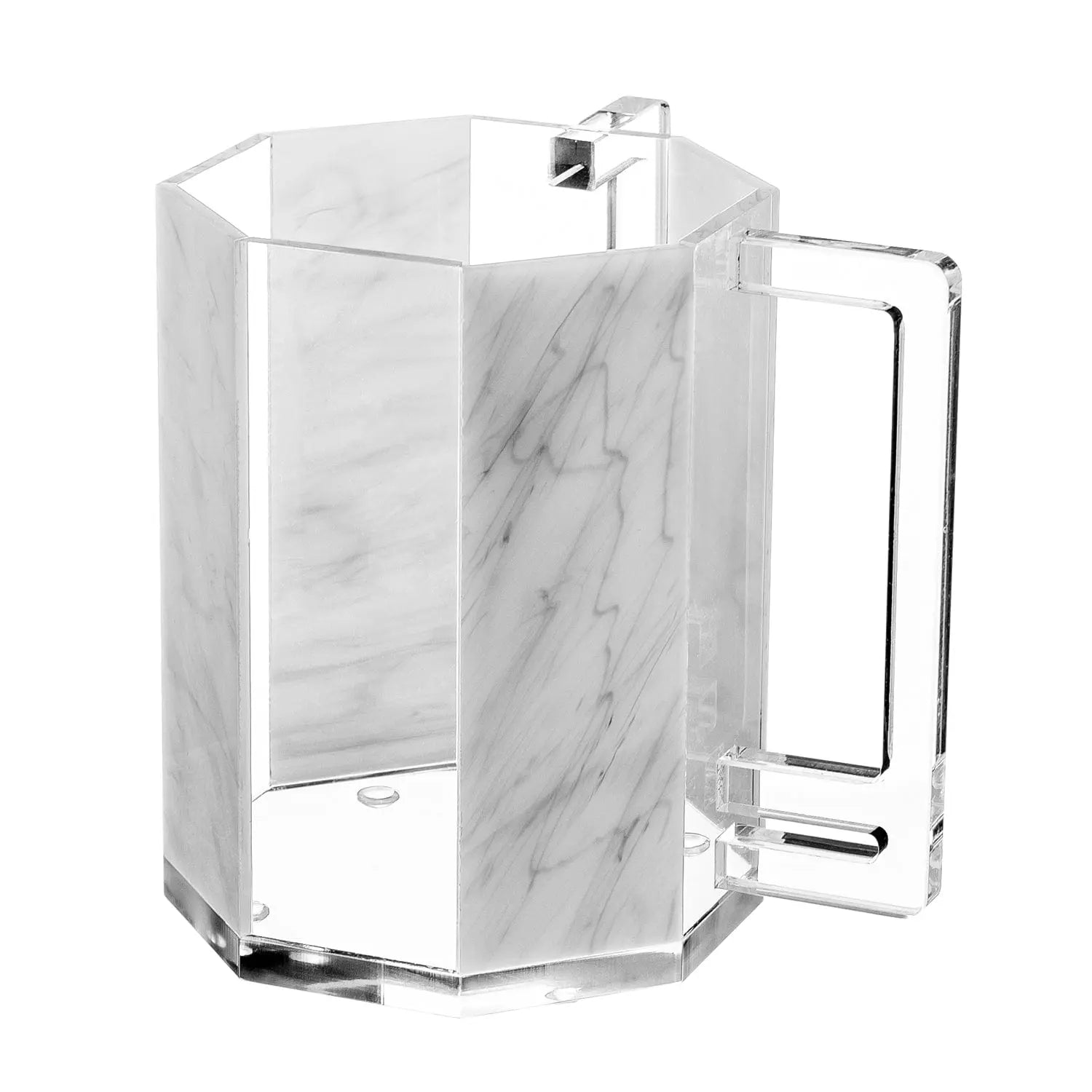 Hexagon marble washing cup with clear acrylic sides and chrome hardware for Shabbat and Jewish rituals.