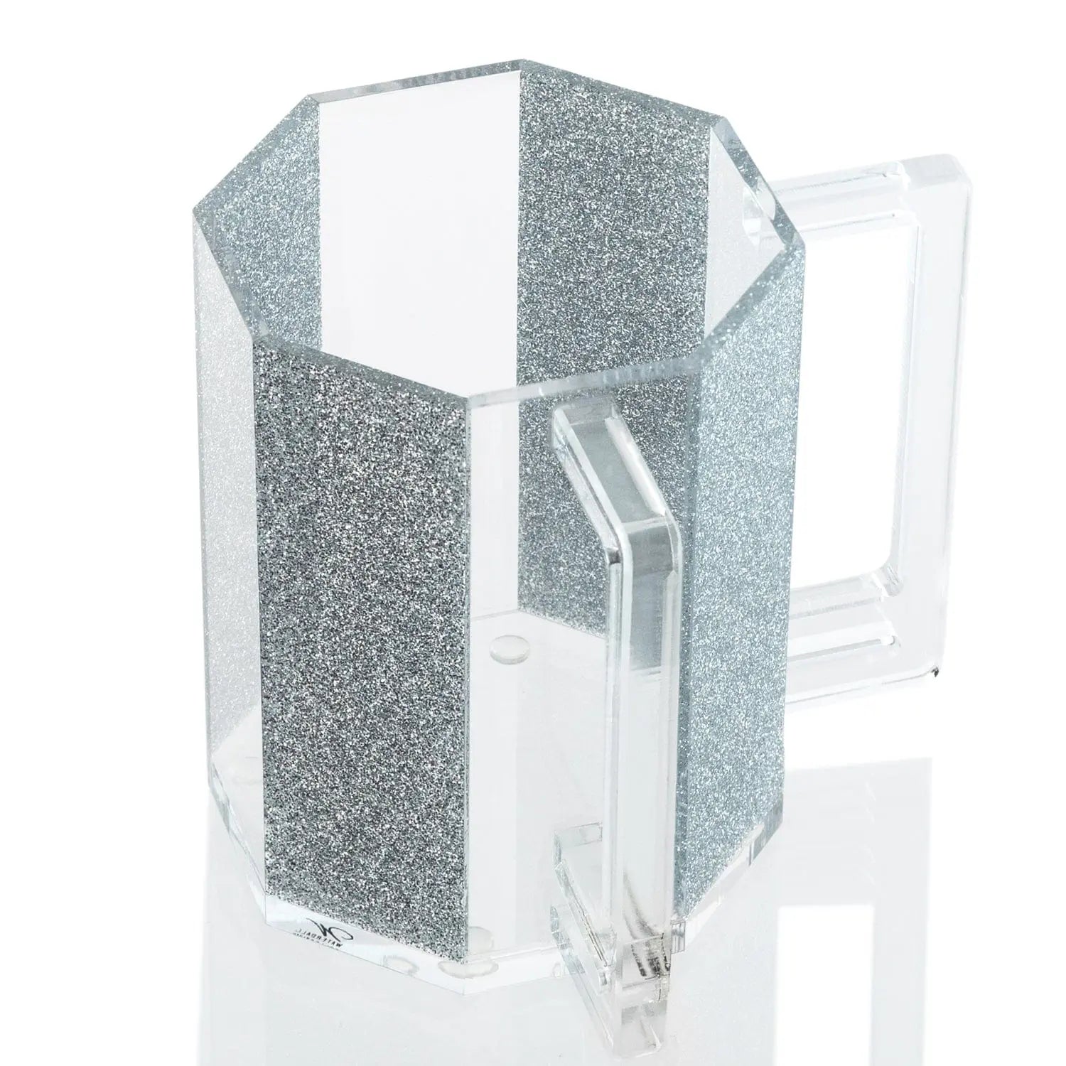 Hexagon washing cup in silver glitter with clear panels, modern geometric design for Shabbat and Jewish rituals