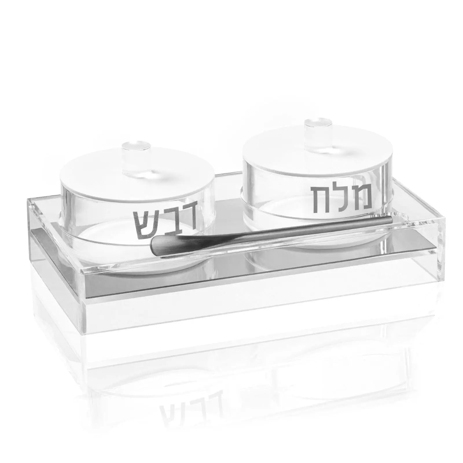 Clear acrylic honey salt dish set with two glass containers featuring Hebrew text, ideal for Judaica tabletop décor.