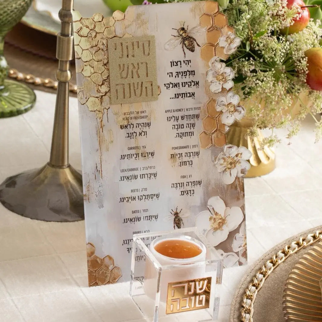 Honeycomb Simanim Card with hand-painted Ashkenaz design displayed with apple and honey, ideal for Rosh Hashanah holiday table settings.