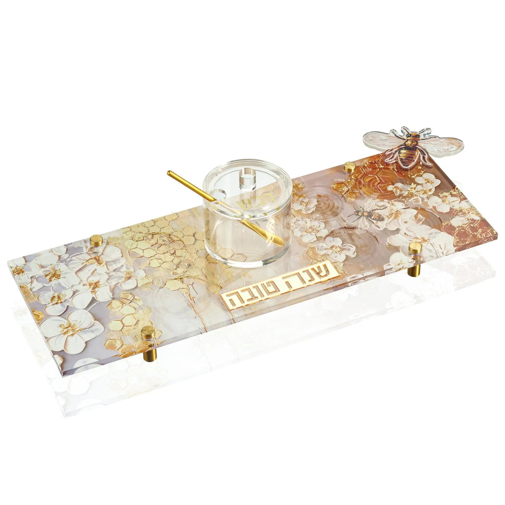Honeycomb Simanim Tray with painted floral design in cream and gold tones, featuring a glass cup and wooden handles for Rosh Hashanah.