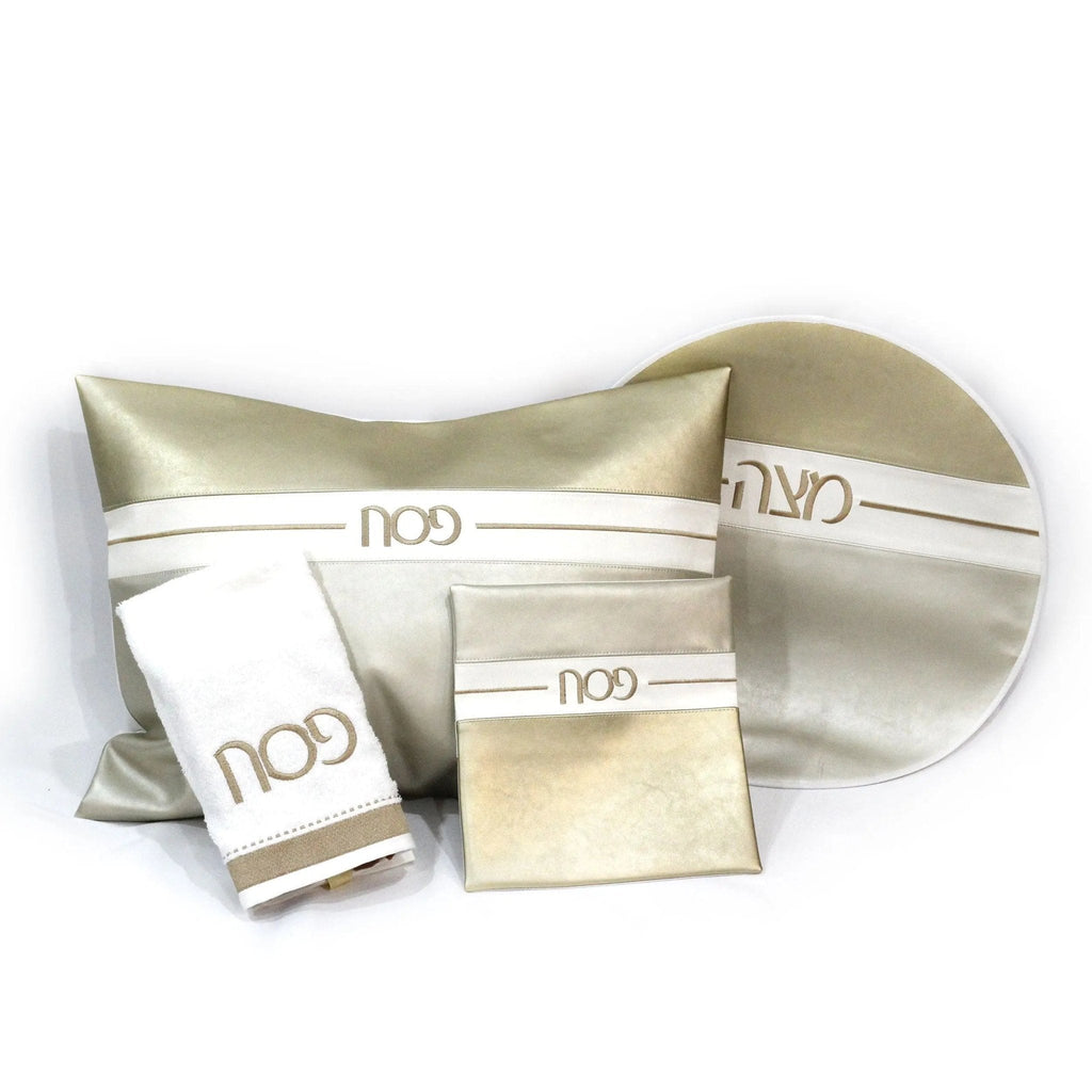 Horizontal Pesach Set in gold and white leather with matching compartments and pouches for organizing Passover essentials.