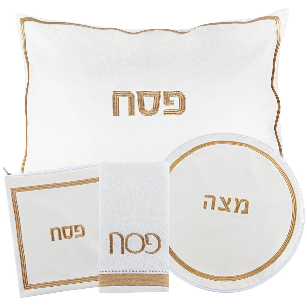 Hotel Style Pesach Set in white with tan leather trim, including plate, bowl, and napkins with Hebrew text