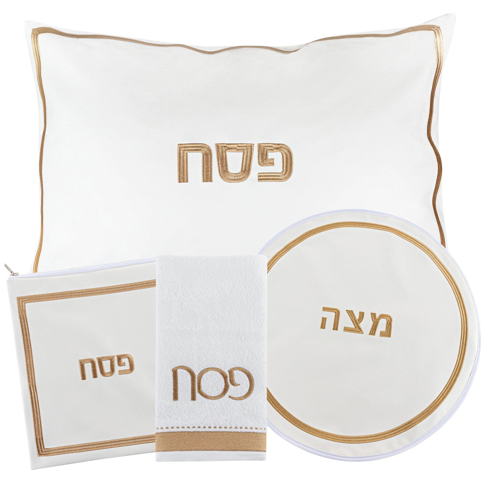 Hotel Style Pesach Set in white with tan leather trim, including plate, bowl, and napkins with Hebrew text