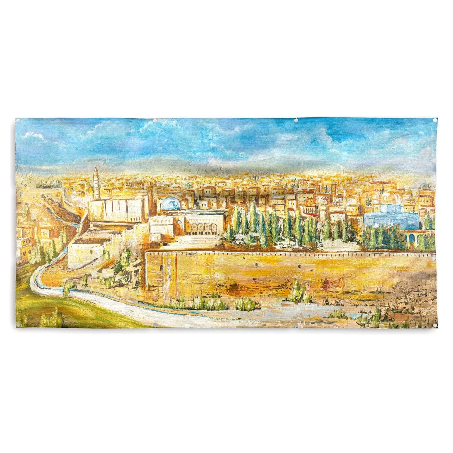 Colorful painted vinyl sukkah decoration featuring Jerusalem cityscape with buildings, streets, and blue sky by Waterdale Collection.