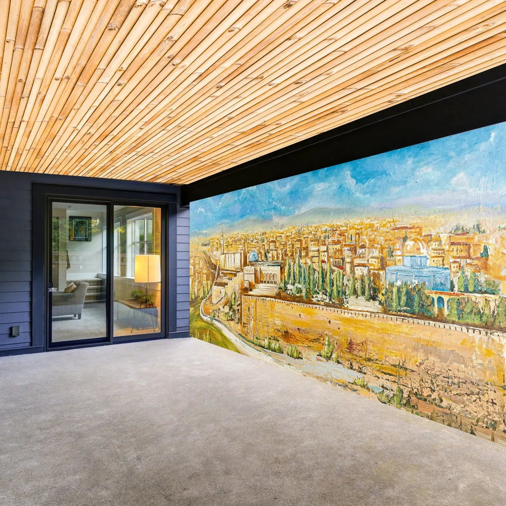 Jerusalem in Color vinyl sukkah decoration featuring a vibrant cityscape mural on an outdoor patio wall with wooden ceiling.
