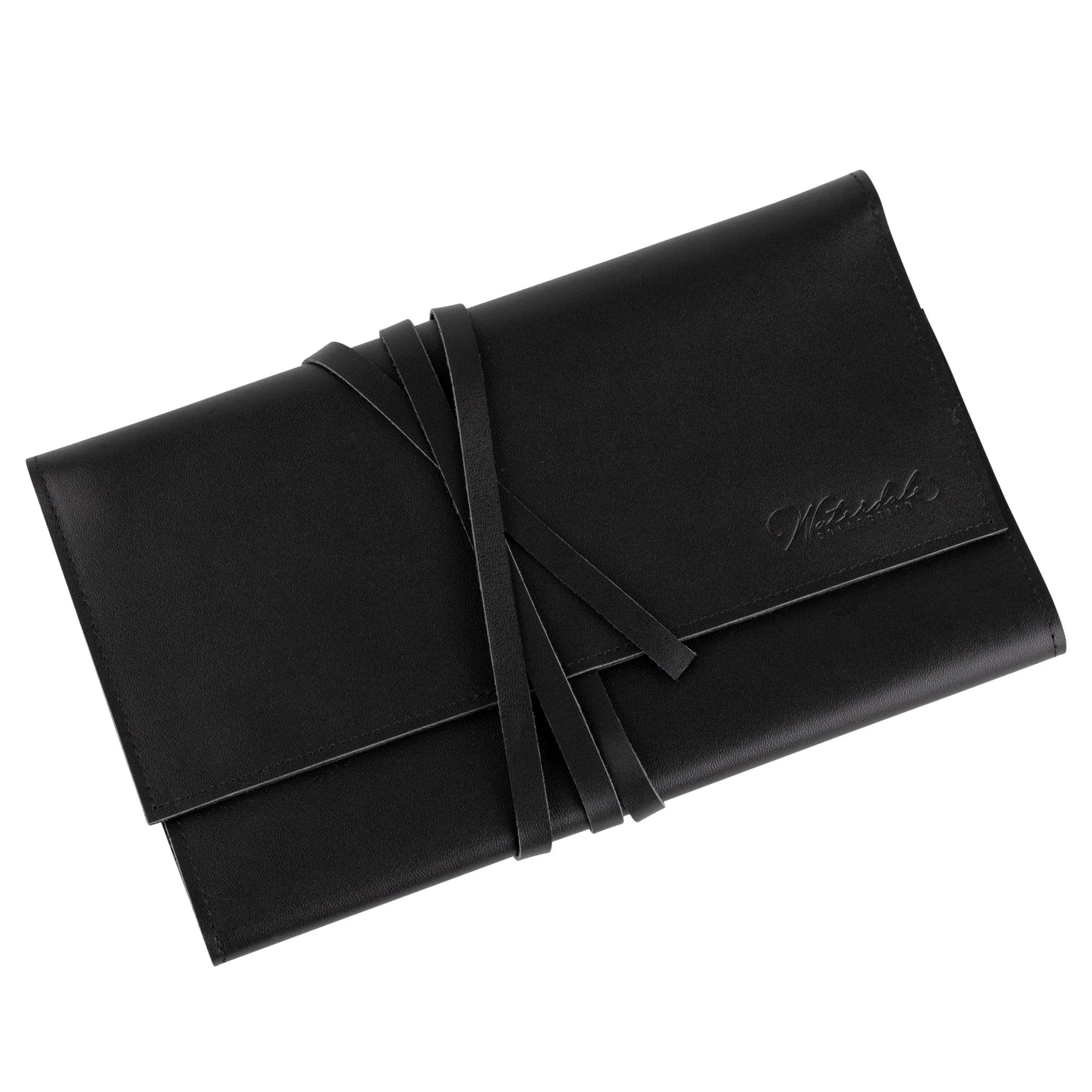 Black leather jewelry roll with tie closure, displaying the compact folded design by Waterdale Collection
